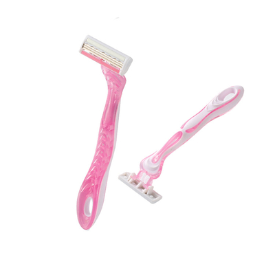 Pink Color Triple Blade Razor With Pivoting Head And Comfortable Rubber Handle